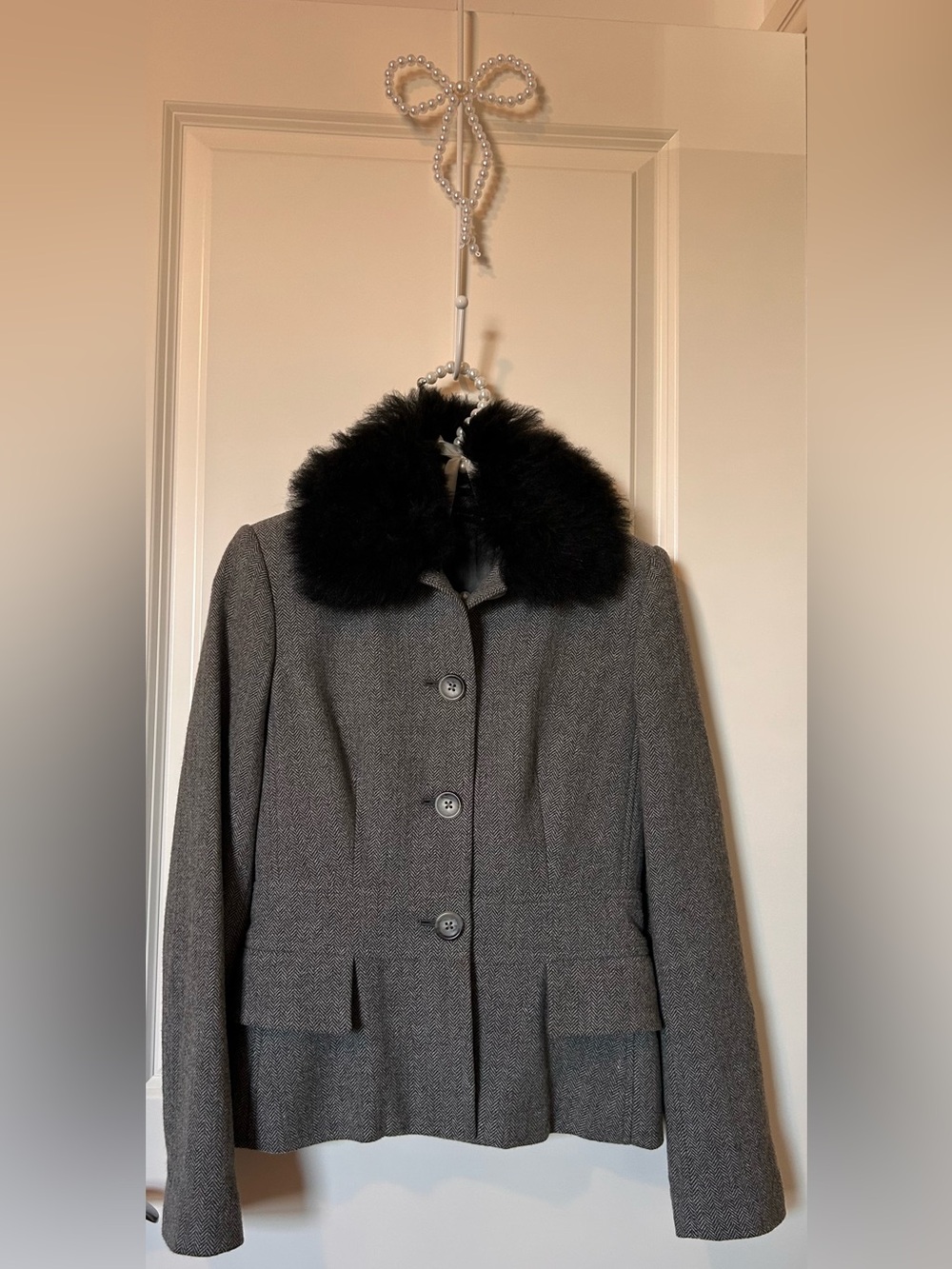 Banana Republic Grey Herringbone Pea Coat with Black Faux Fur Collar